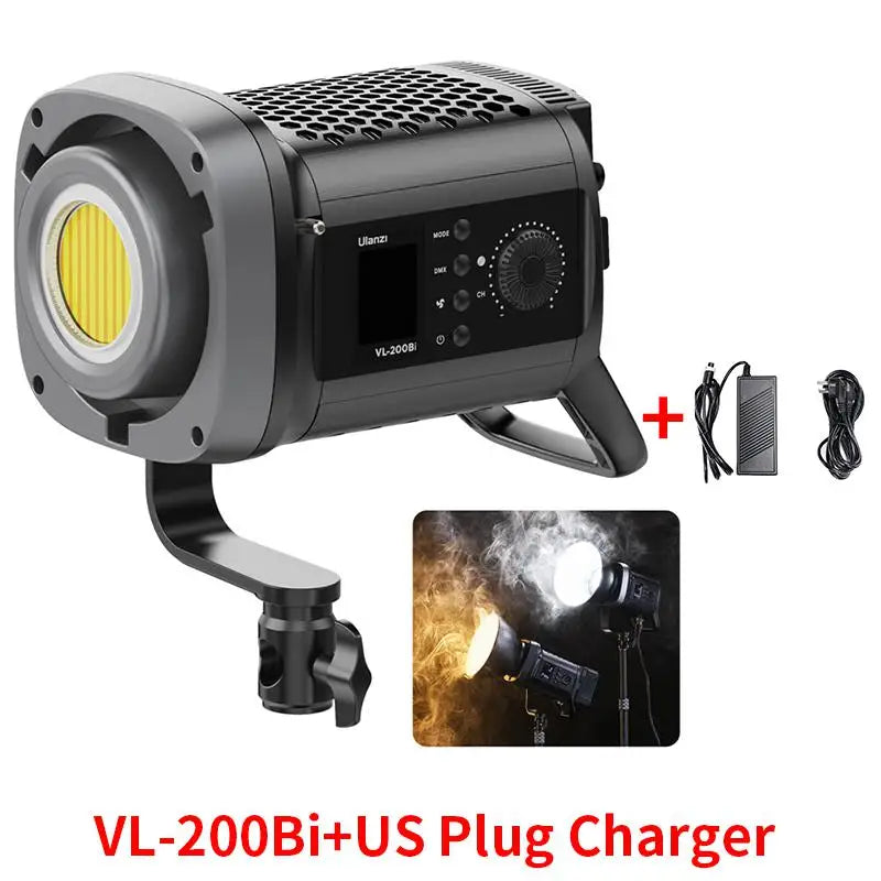 VL-200Bi LED studio light with mounting bracket, digital controls, power adapter, and charging cable.