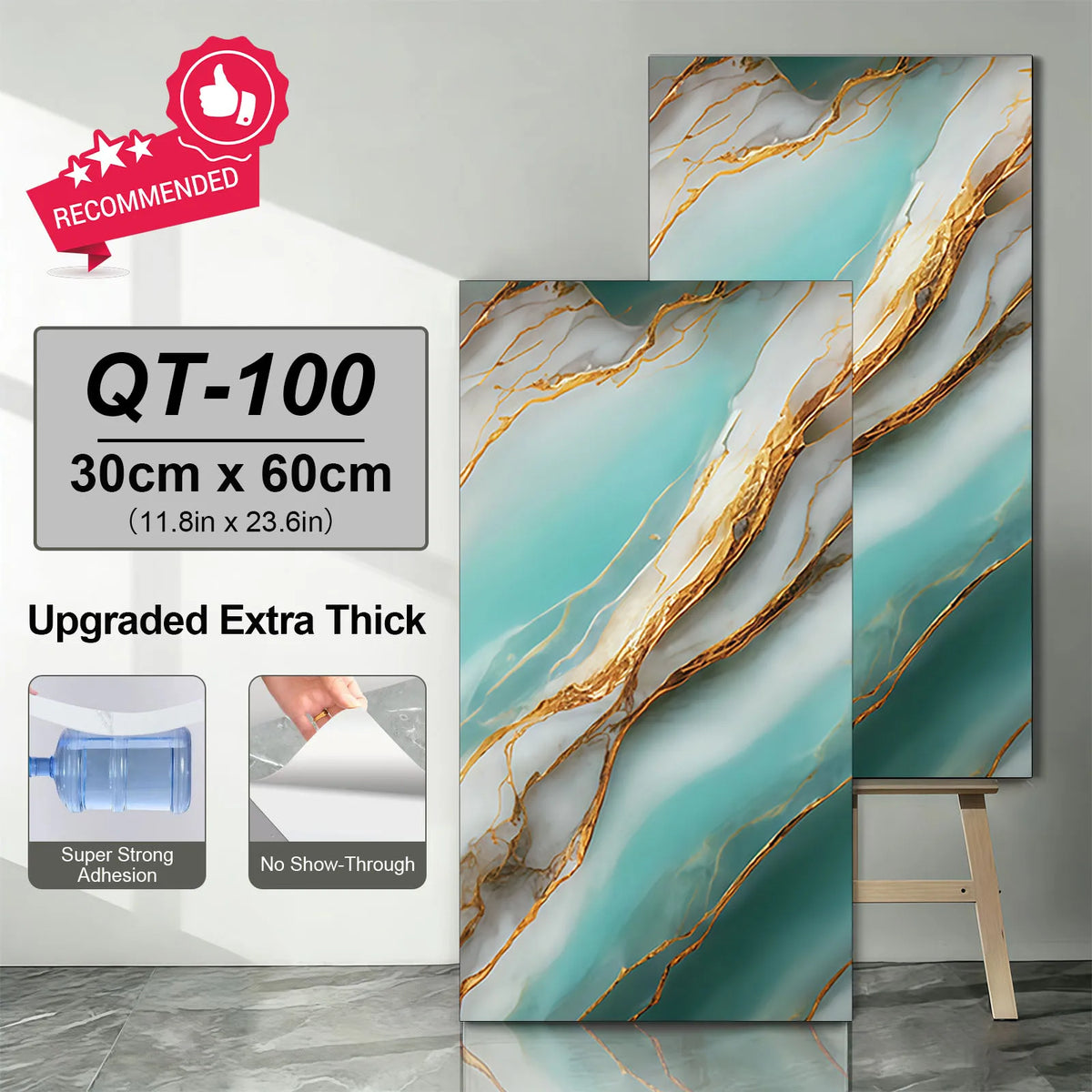 Self-adhesive marble tile sticker, teal blue with gold veining, 30x60cm