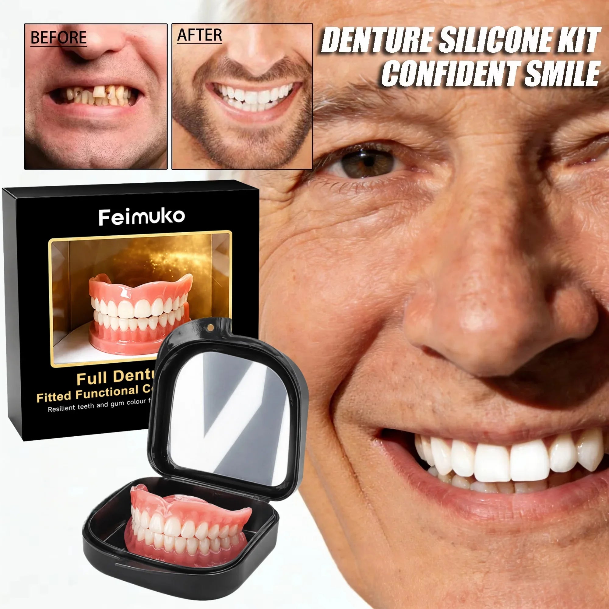 Full Set Dentures Fake Teeth Braces Comfort Fit Instant Confidence Smile Oral Care For Men Women Modify gaps between teeth/v3*