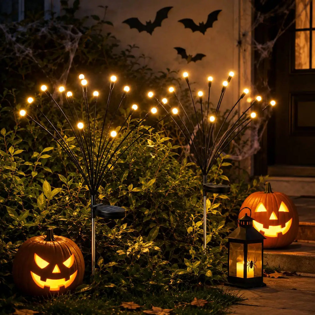 2 Pack Halloween Solar Firefly Lights 16 LED Spooky Garden Decoration Lights, Warm White Solar Powered Outdoor Pathway Lights with 2 Lighting Modes for Yard Lawn Patio Walkway Tree Fence Party Holiday Decor