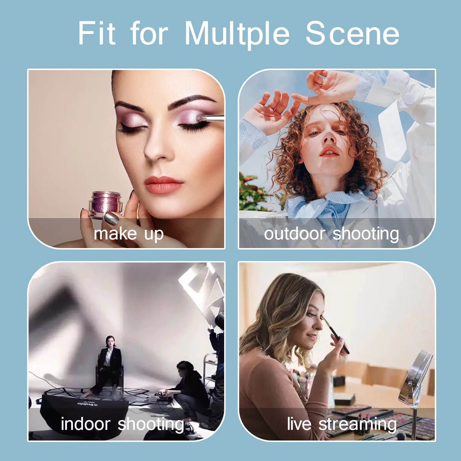 Four photos showing lighting equipment used for makeup, outdoor portraits, studio shoots, and live streaming.