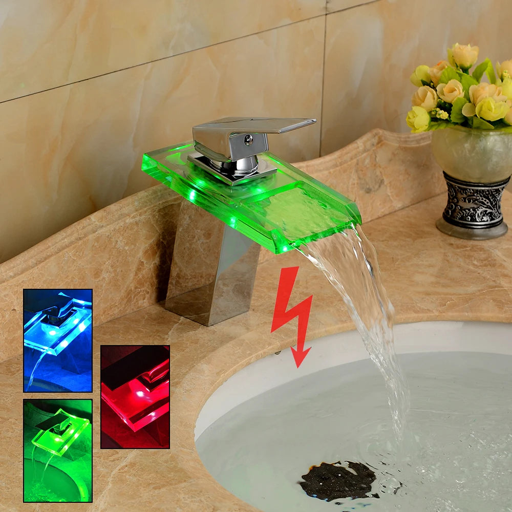 Smart Bathroom Faucet with Temp Light, Anti-Scald LED Indicator, Brass Construction, Waterfall Faucet, LED Color Changing