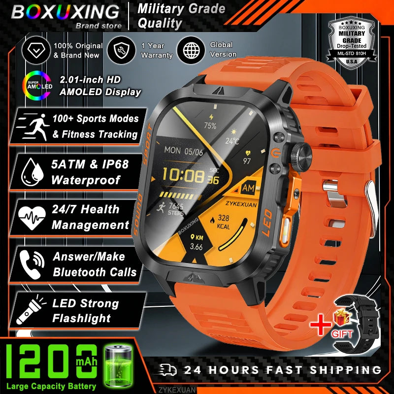 New 1200 mAh Battery Rugged Military Smartwatch Men 5ATM Waterproof Fitness Tracker Health Monitor 100+Sports Call Smart Watches