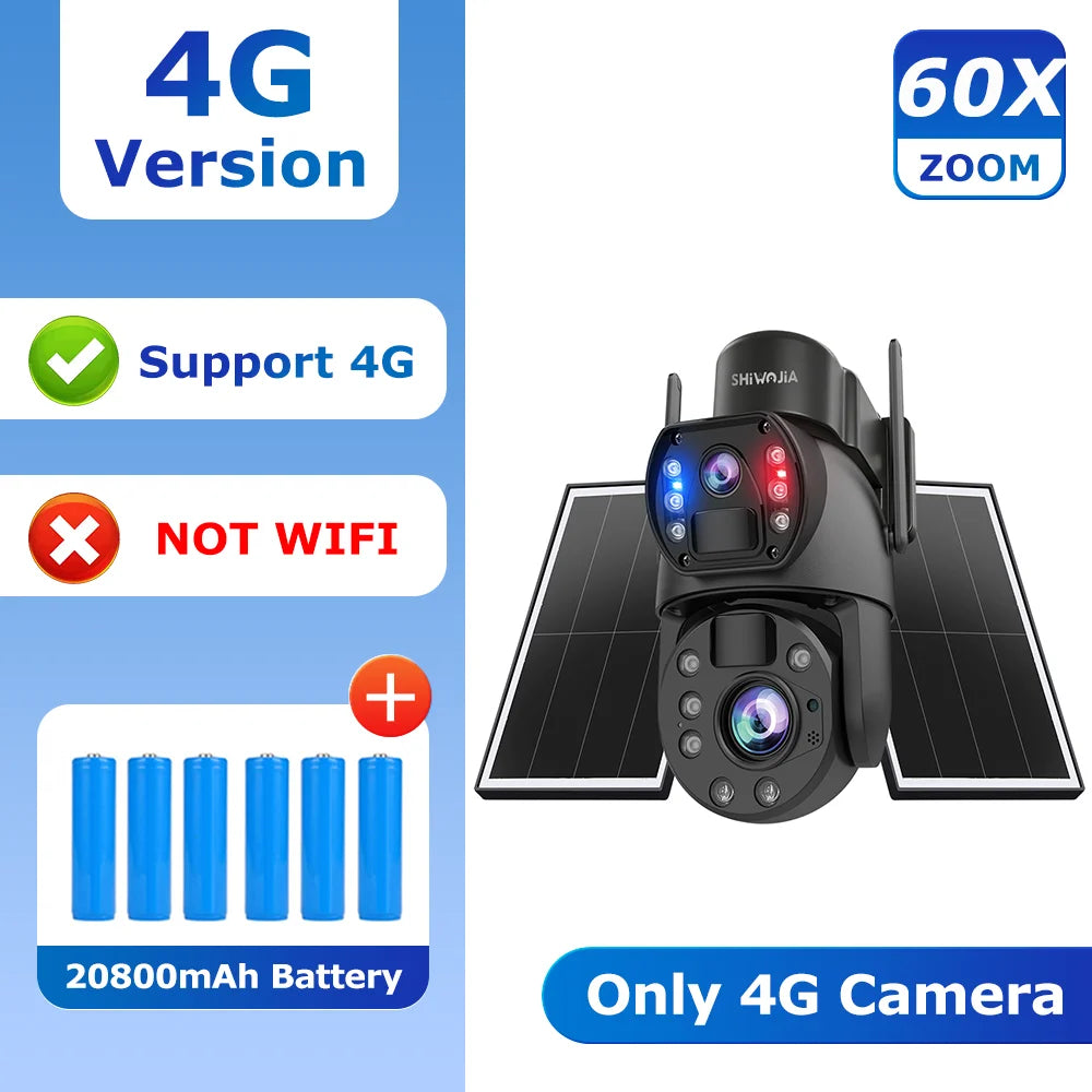 Outdoor solar security camera with dual lenses, 60x zoom, Only 4G version, dual solar panels.