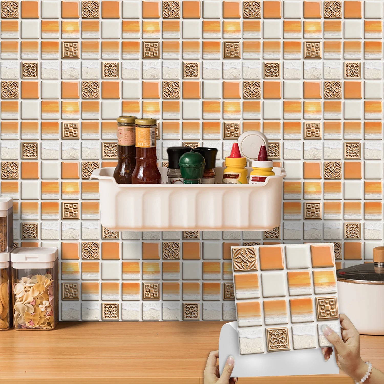 10pcs Flat Mosaic Tiles Sticker Set Kitchen Bathroom Wall Decals Gloss Waterproof Film 2D Surface Cover Transfers for Home Decor