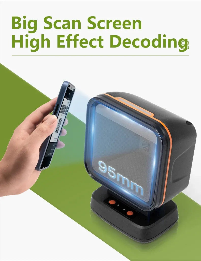 Desktop barcode scanner with large scan window, orange accents, and base