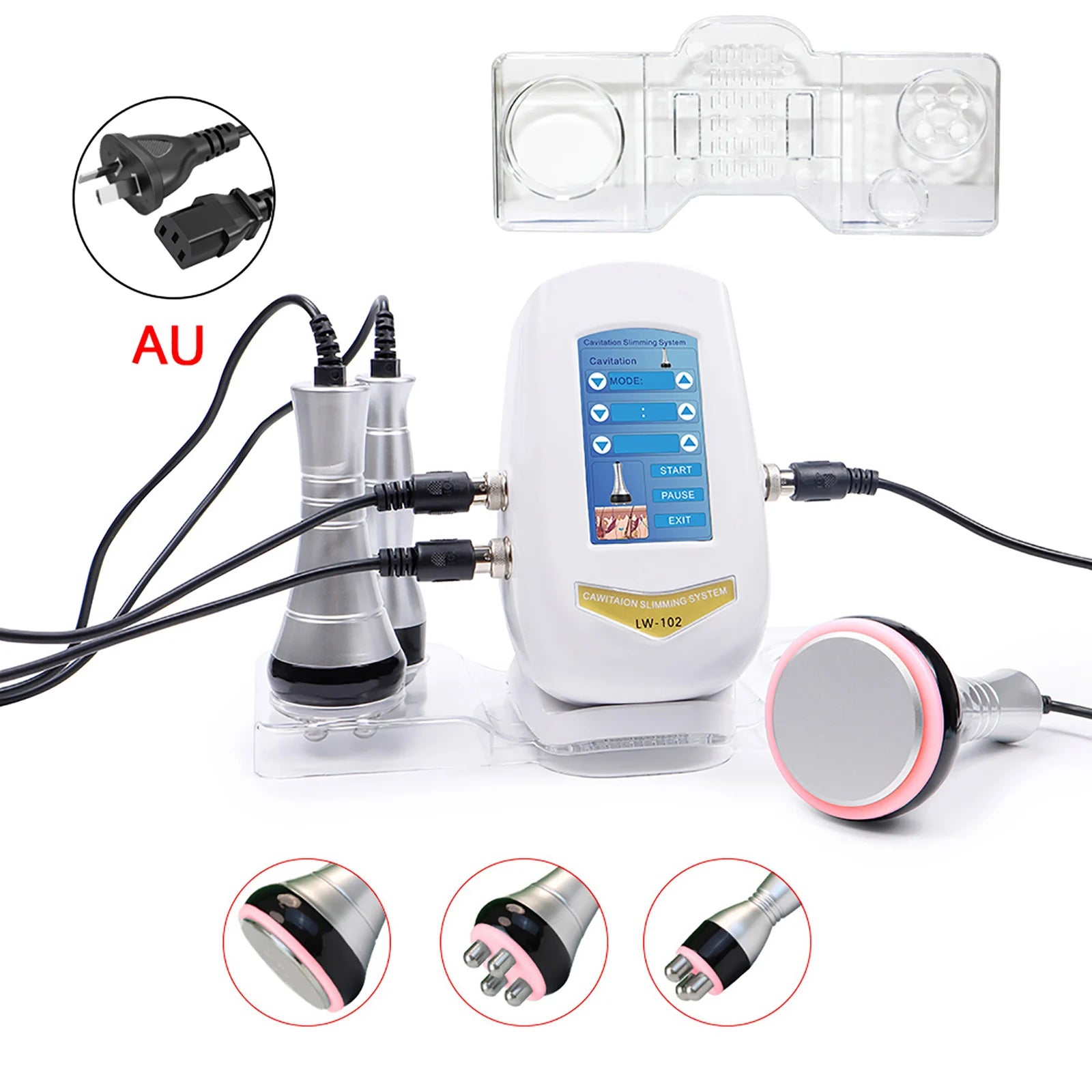 LW-102 ultrasonic cavitation machine with white console, digital screen, silver handles, and attachments for body