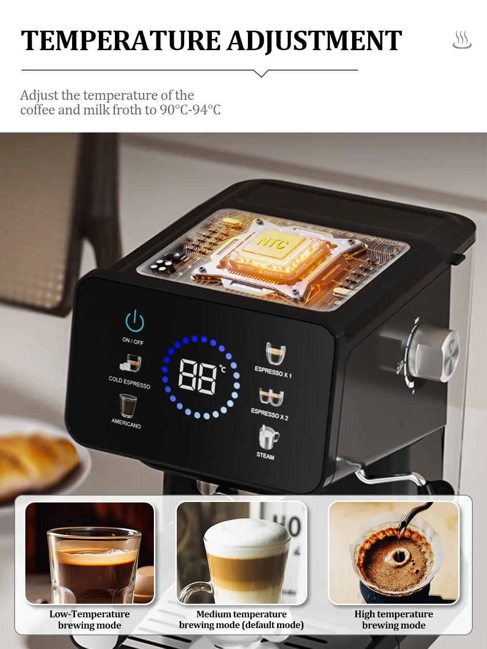 Black espresso machine with NTC temperature control and digital touch display for precision coffee brewing modes.