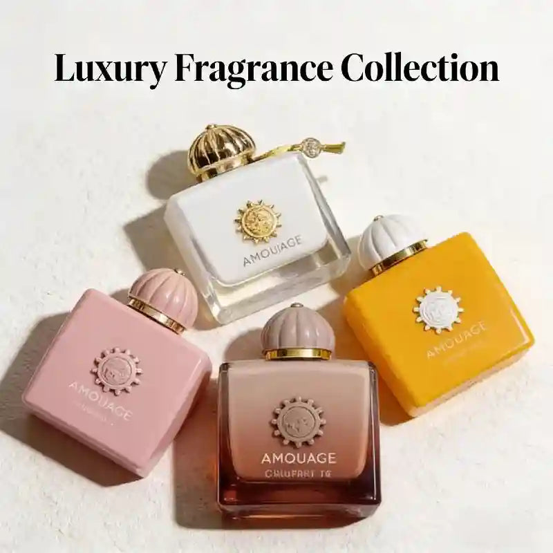 Amouage 100ml women’s Eau de Parfum. Luxury floral oriental chypre scent in square bottles with ornate dome caps.