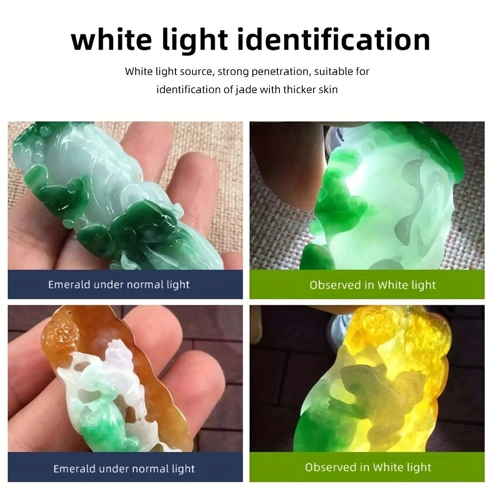 3-in-1 USB rechargeable flashlight testing jade with white light for clear identification of gemstone texture and quality.