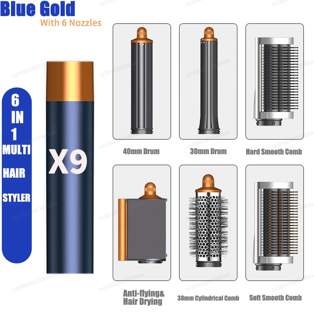 SenCiciMen 6-in-1 blue and gold hair styler set with curling barrels, dryer nozzle, and smoothing brush attachments.
