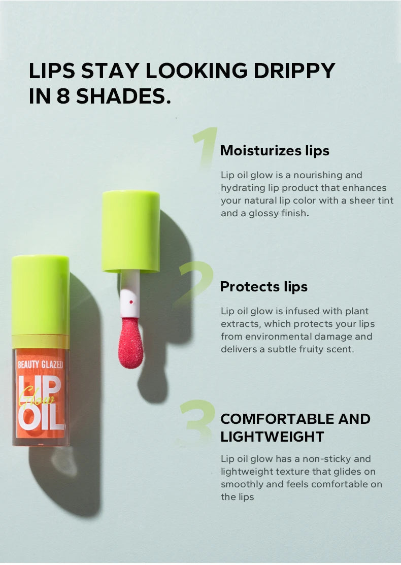 Moisturizing candy lip gloss in 8 shades, featuring a lustrous, mirror-finish nude lip stain with applicator.