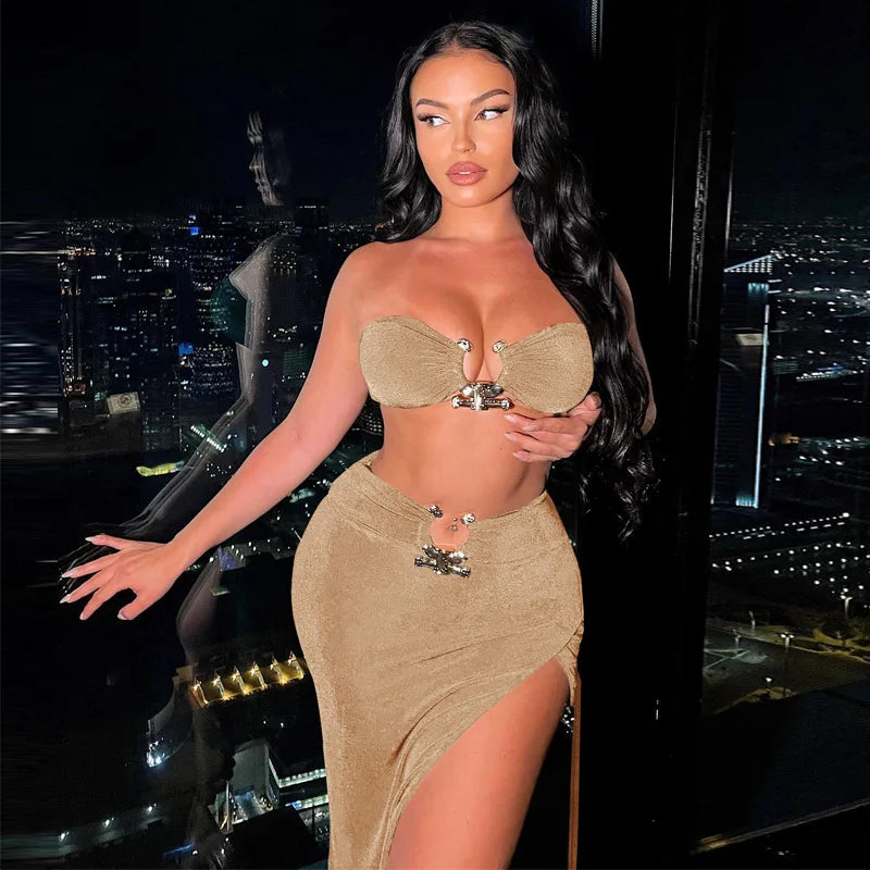 Velvet Sexy Strapless Crop Tube Top High Waist Slit Maxi Dress 2 Pcs Suits 2024 Fall Women Fashion Streetwear Vestido