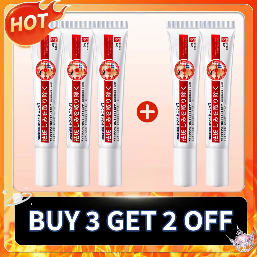 Five 20g white squeeze tubes of brightening spot treatment cream with red text and target graphics.