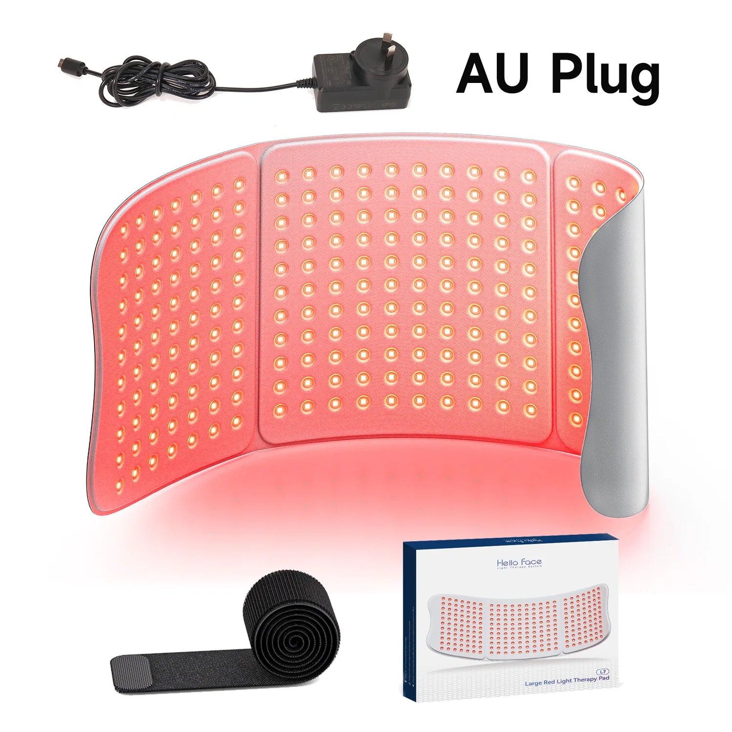 Flexible, curved red light therapy pad with many glowing LEDs, power cord with AU plug, Velcro strap, and product box.