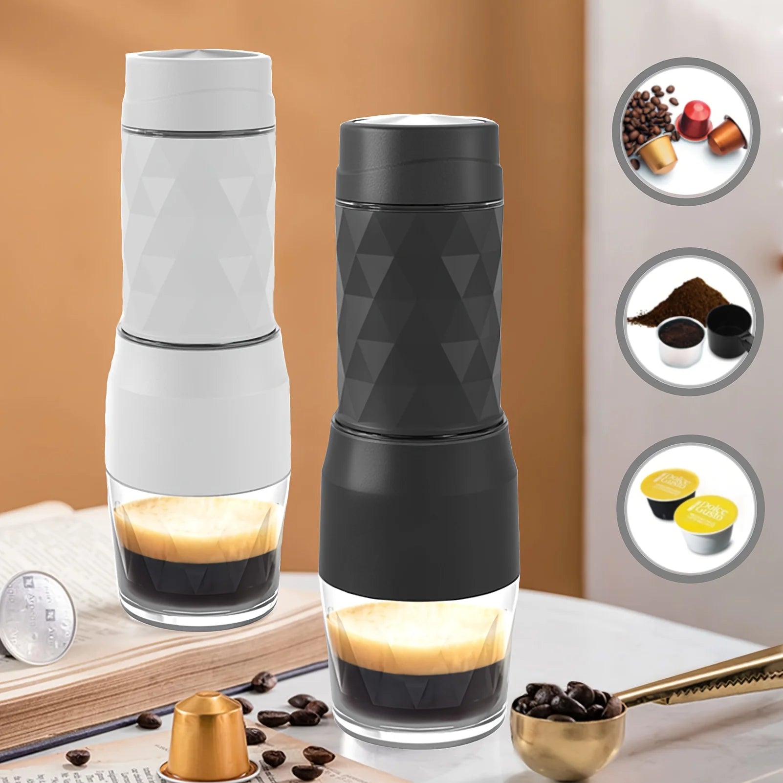 Portable manual espresso maker in black and white for coffee capsules or ground coffee with geometric design.