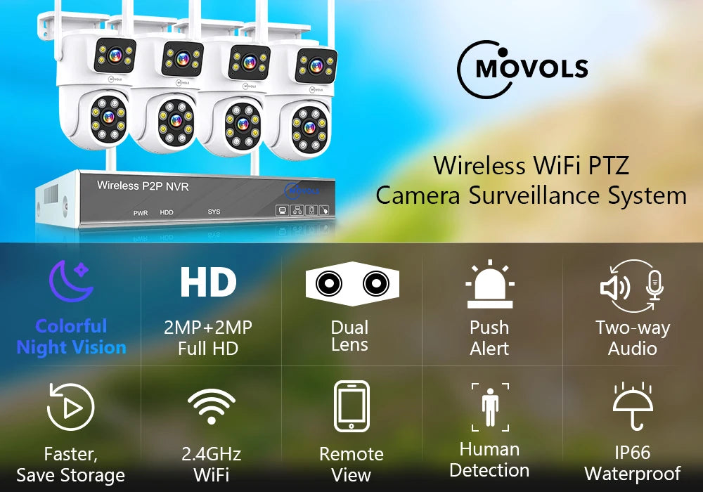 Movols H.265 3MP 5MP Wireless CCTV System Two Way Audio Waterproof PTZ WIFI IP Security Camera 10CH NVR Video Surveillance Kit