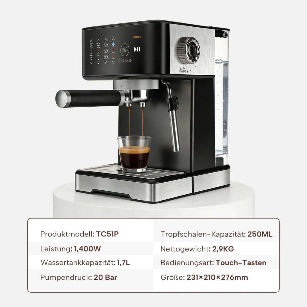 Kafelux TC51P espresso machine: black and stainless steel, 1400W, 20 bar pump, 1.7L water tank, touch controls.