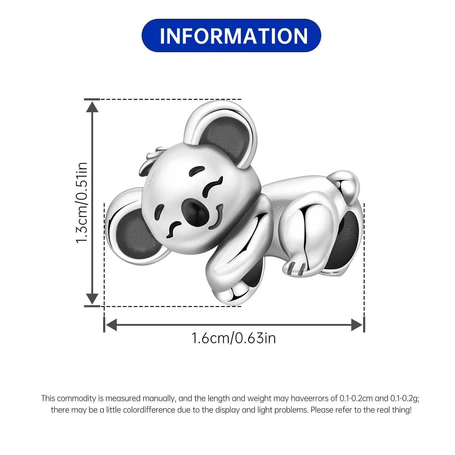 925 Sterling Silver koala animal bead charm for bracelets, cute DIY jewelry gift for pet lovers.