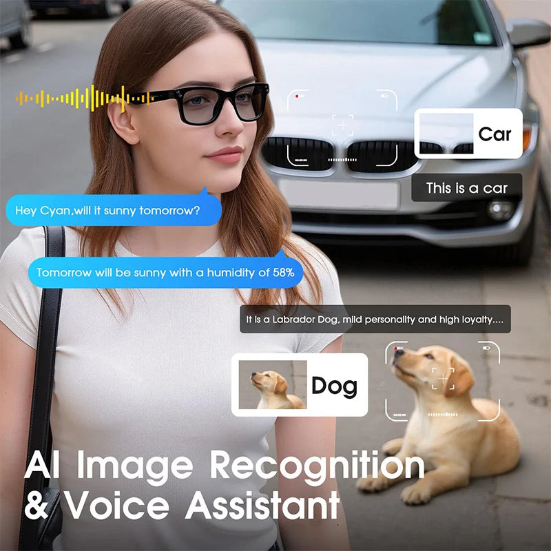 Smart glasses with black frames and tinted lenses displaying AI object recognition and voice assistant data overlays.