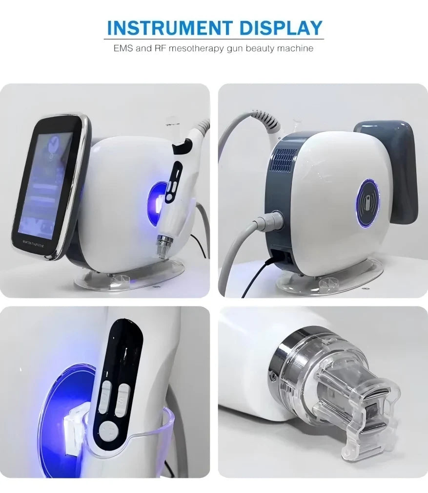 White and grey EMS and RF mesotherapy beauty machine with touchscreen, handheld probe, and plastic nozzle tip.