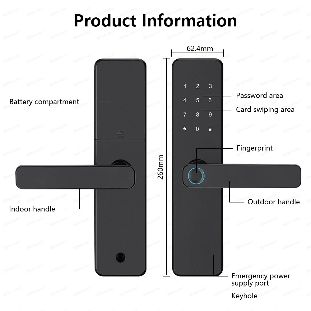 5-in-1 Smart Door Lock with Fingerprint Biometric, Wi-Fi, Tuya APP Control, Touchscreen Keypad – Fits 35-60mm Thick Doors
