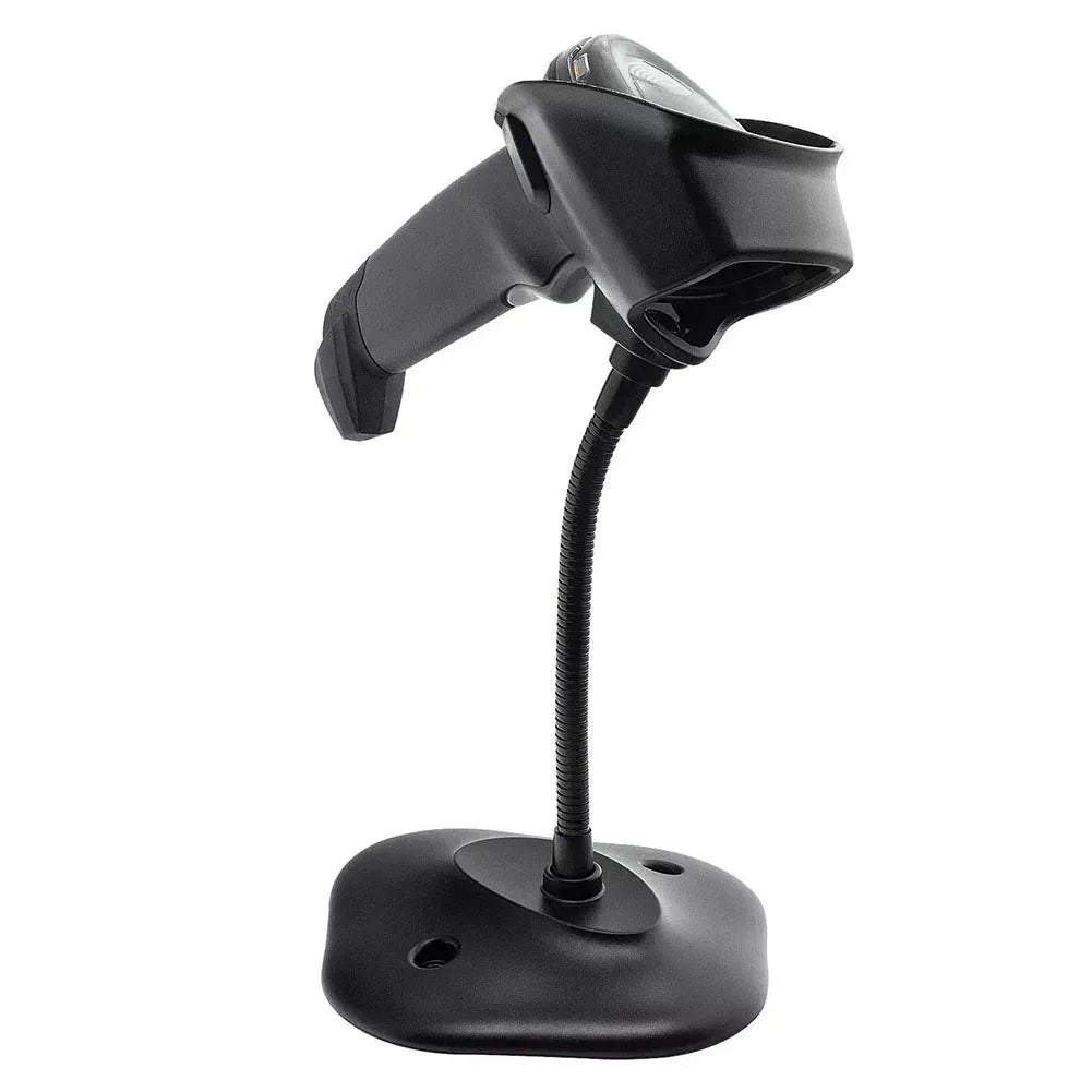 Black adjustable barcode scanner bracket stand with flexible neck and round base