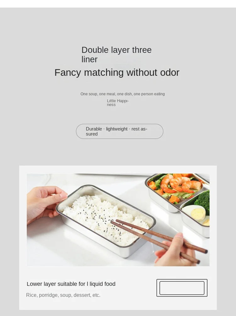 Two-layer electric lunch heating box with stainless inserts and rice in lower tray
