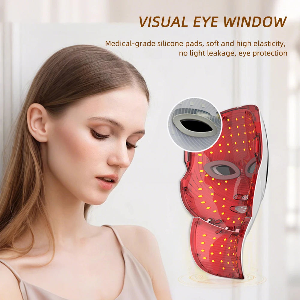 Red LED light therapy mask for face and neck with silicone eye patches, shown alongside a model for size perspective.