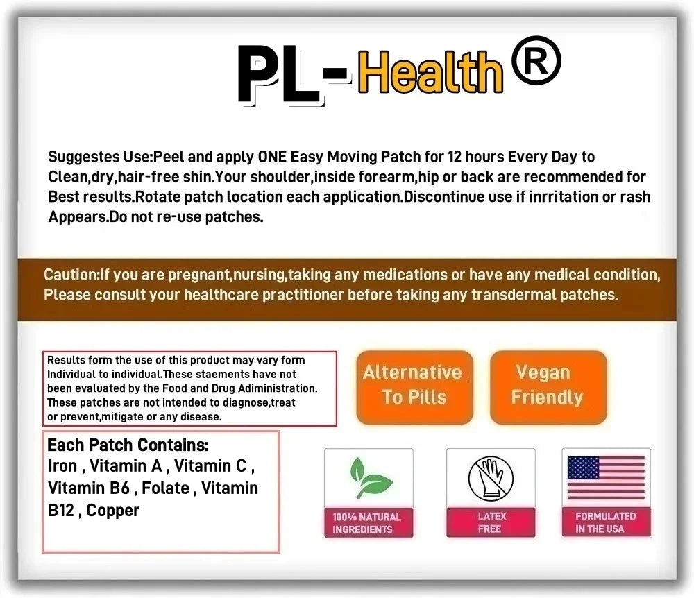 30 Patches Iron Complex Transdermal Patches with Folate, Vitamin B6 Vitamin C for Anemia and Blood Building Support