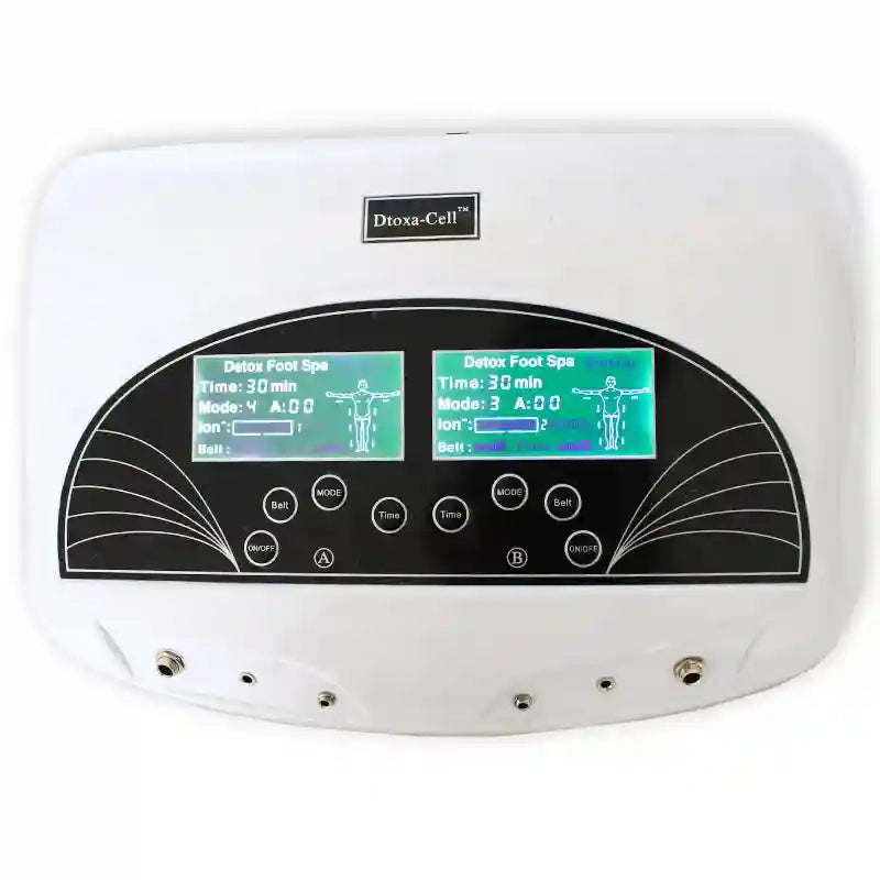 Dual ionic detox foot bath machine with two digital screens, control buttons, and white exterior for home spa cleanse.