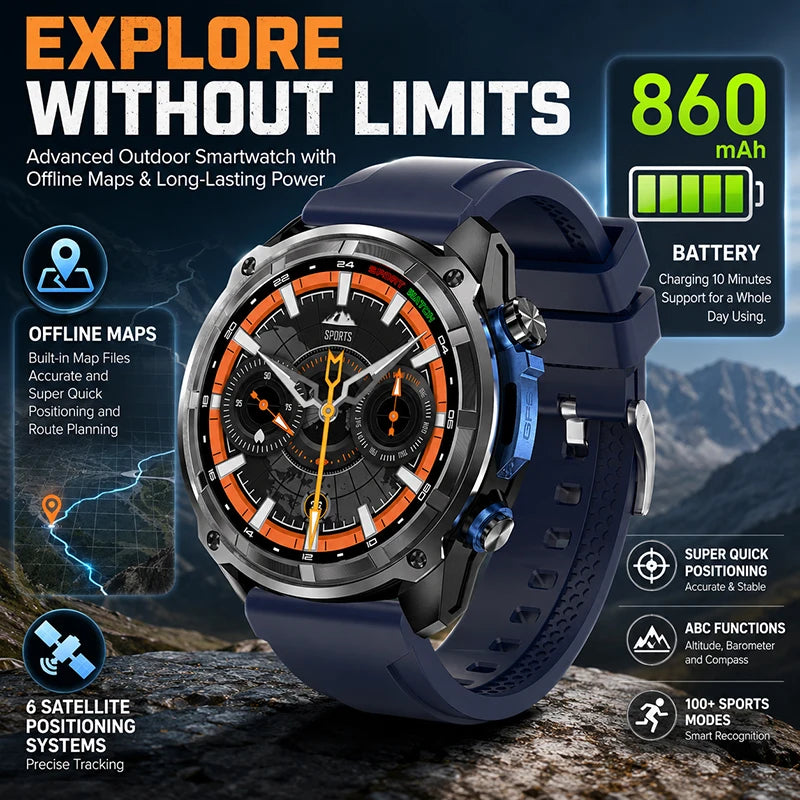 Outdoor GPS smart watch with blue silicone strap and rugged round black face