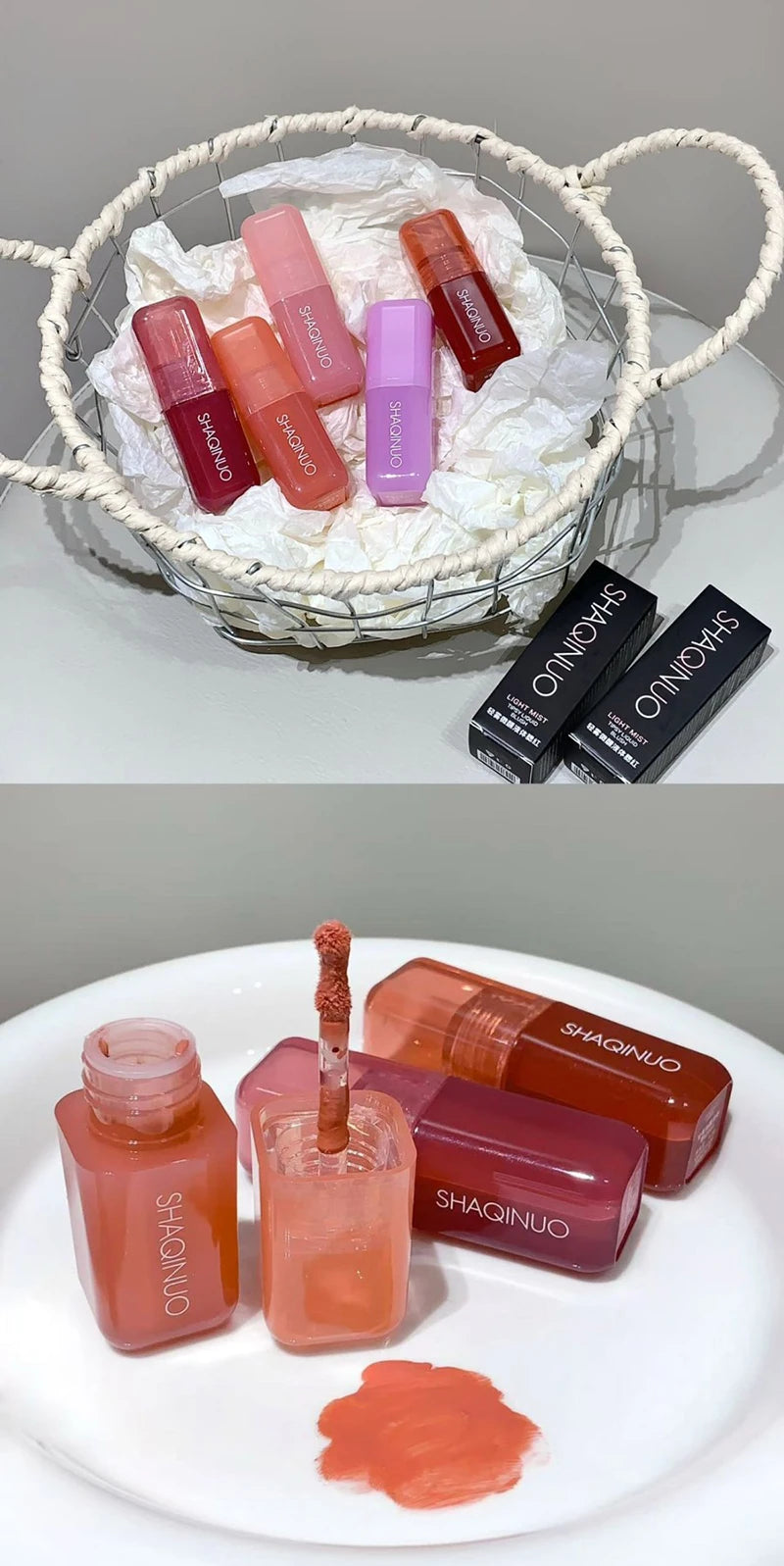 Tidesmit SHAQINUO soft matte liquid blush texture close-up featuring waterproof peach pink and violet jelly pigment