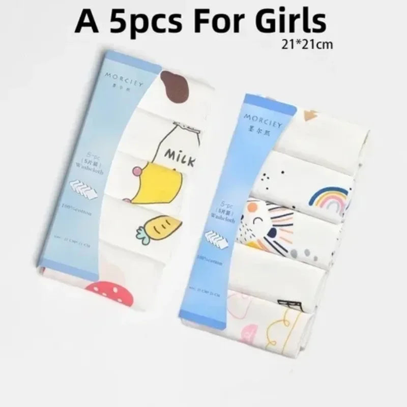 MORCIEY 5-piece soft cotton baby washcloth set for girls, 21x21cm, features cute animal and food prints.