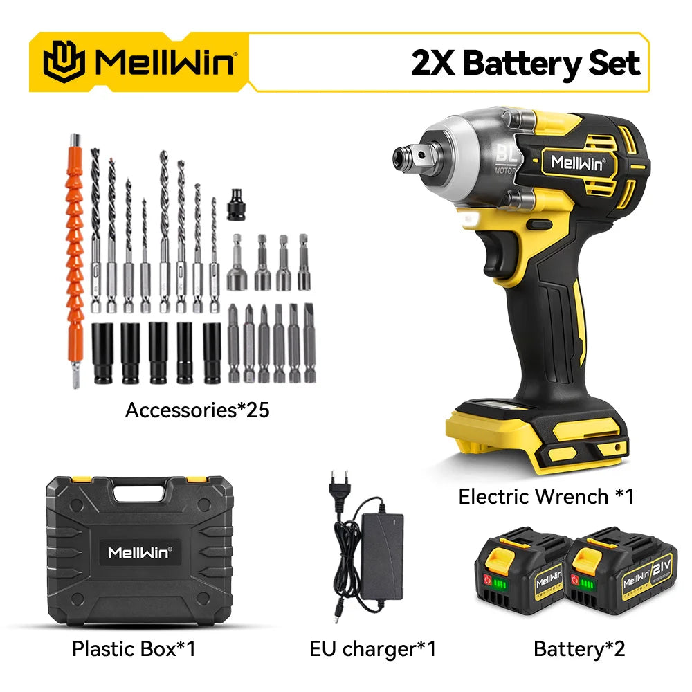 MELLWIN 520N·m Brushless 3IN1 Electric Impact Wrench Cordless Electric Drill Screwdrive Power Tool Set For Makita 18VBattery Pin