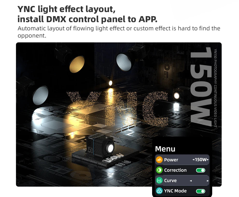 YN150 150W continuous video light with black housing and DMX app control settings on a digital interface.