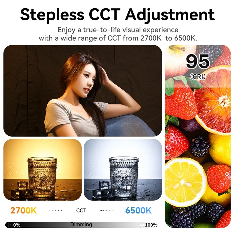 LED light with adjustable 2700K–6500K color temperature for color-accurate photography and ambient lighting.