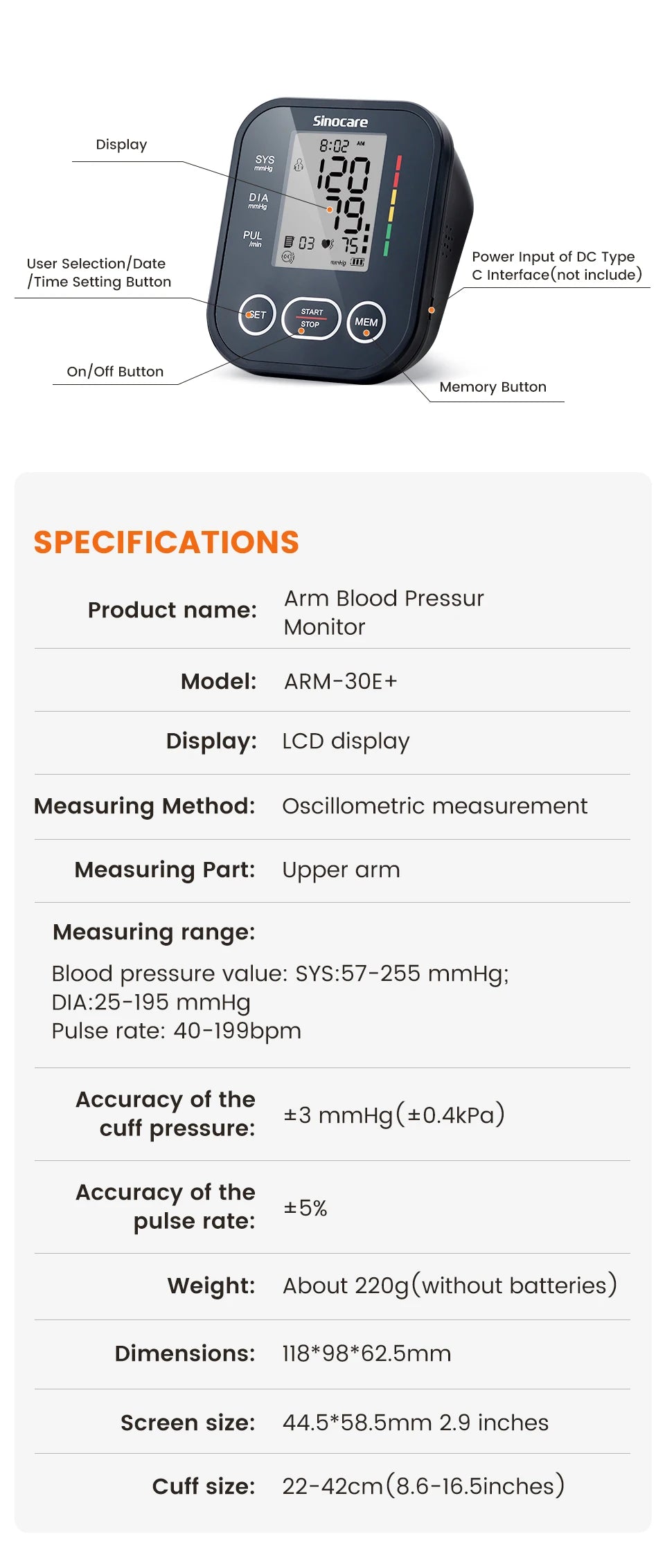Sinocare Blood Pressure Monitor Digital Upper Arm Blood Pressure Measuring Device 22-42 Long Cuff Home Professional BP Machine