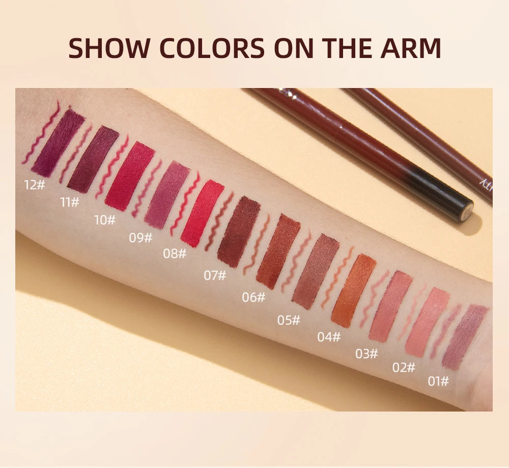 QIBEST matte lip liner pencil swatches on arm, showing 12 velvety, highly pigmented red and nude lipstick shades.