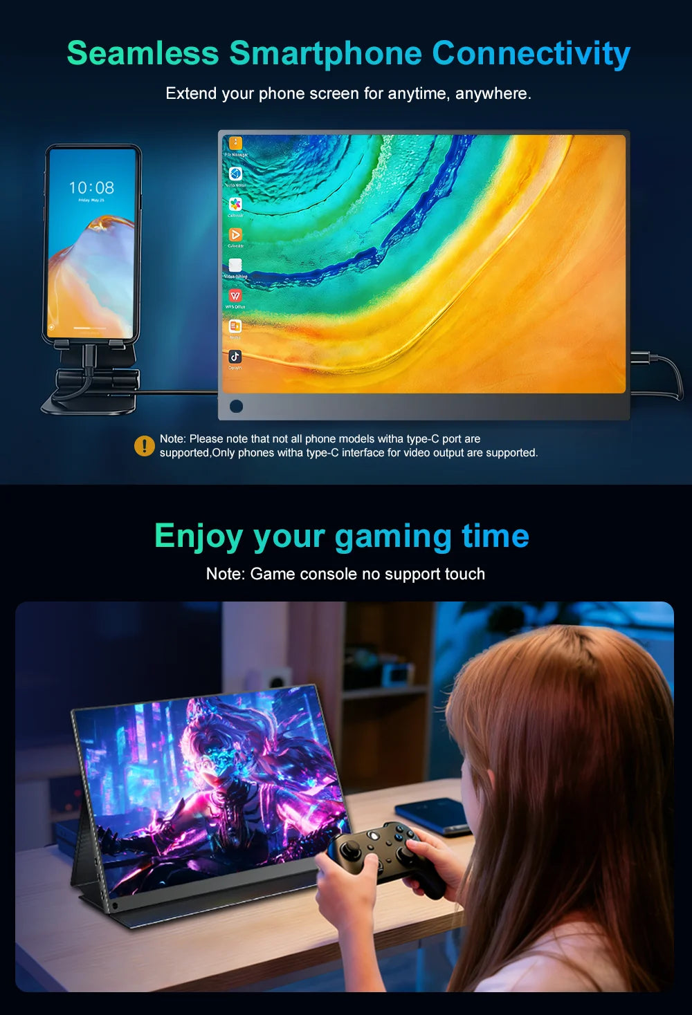 14 Inch 1200P FHD IPS Touch Portable Monitor 10-Point Capacitive Touch 75x75 VESA Low Blue Light Type‑C Mini HDMI Compatible PS5