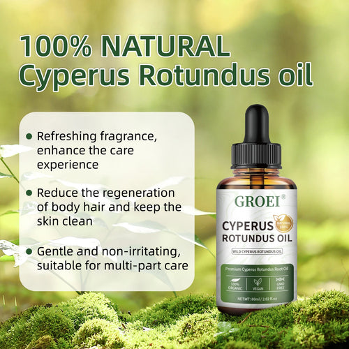GROEI Cyperus rotundus oil bottle with black dropper, amber glass
