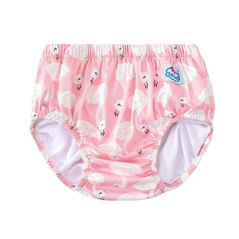 Babyhood washable pink flamingo print baby training pants, cotton-lined leak-proof underwear for toddlers.