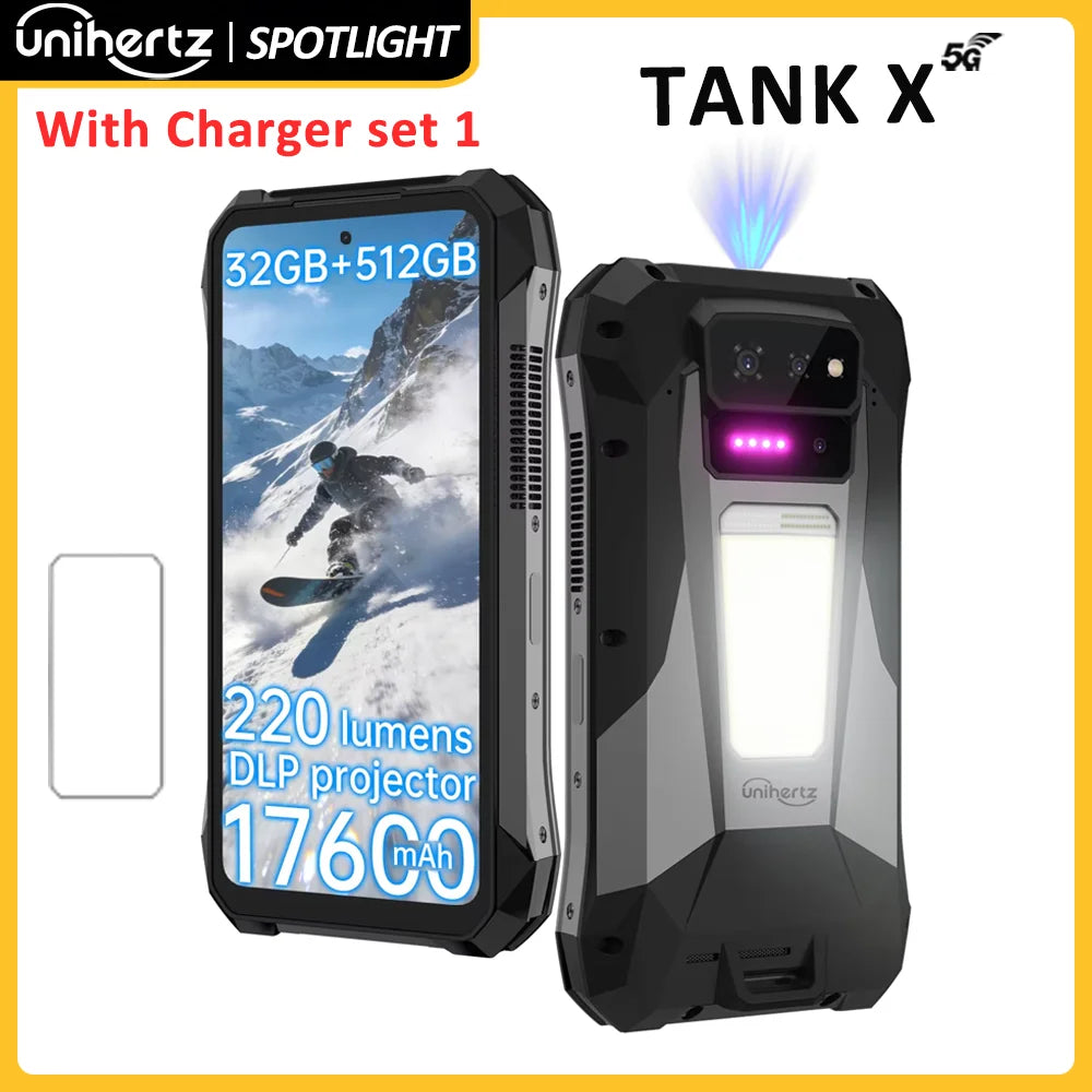 Unihertz TANK X 8849 5G Smartphone 32+512GB Built-in 1080P 220 lumen Projector 50MP+64MP Camara Android 15 17600mah Battery NFC