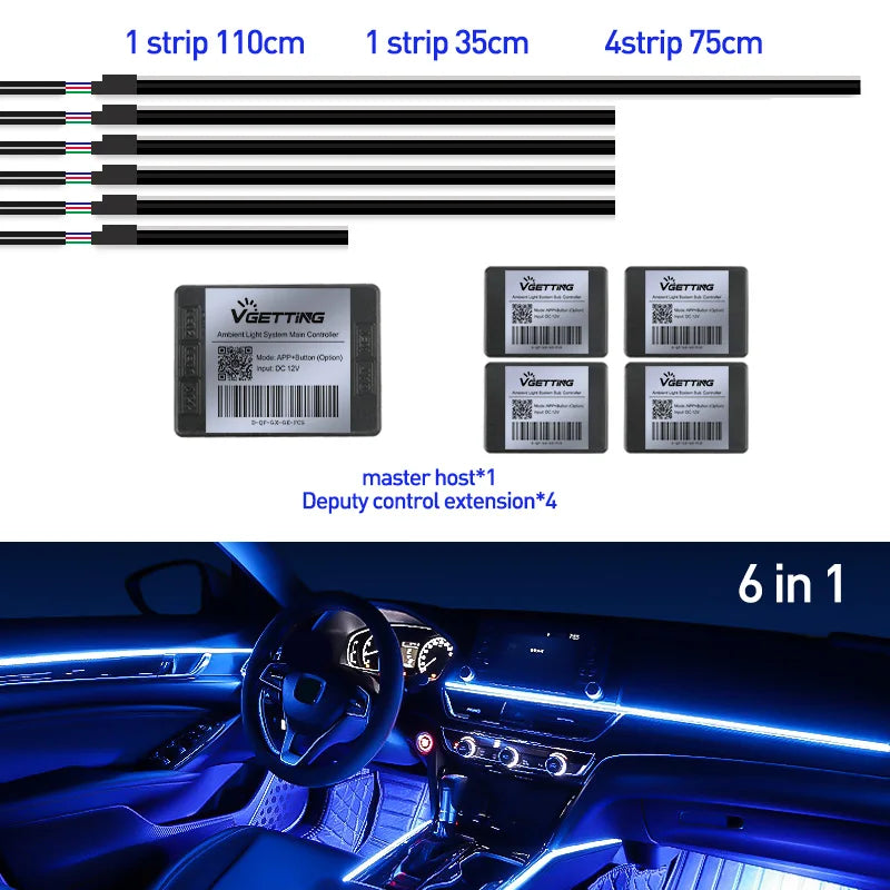 Car ambient lighting kit with six LED strips of varying lengths, a master controller, and four extension modules.