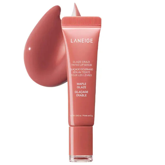 Laneige Glaze Craze Tinted Lip Serum in Maple Glaze, a glossy, peachy-brown moisturizing lip treatment with a smooth swipe.