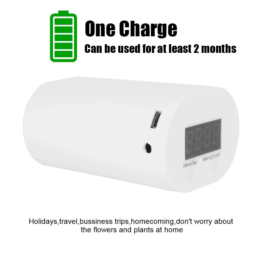 White watering timer controller with digital LED display and charging indicator