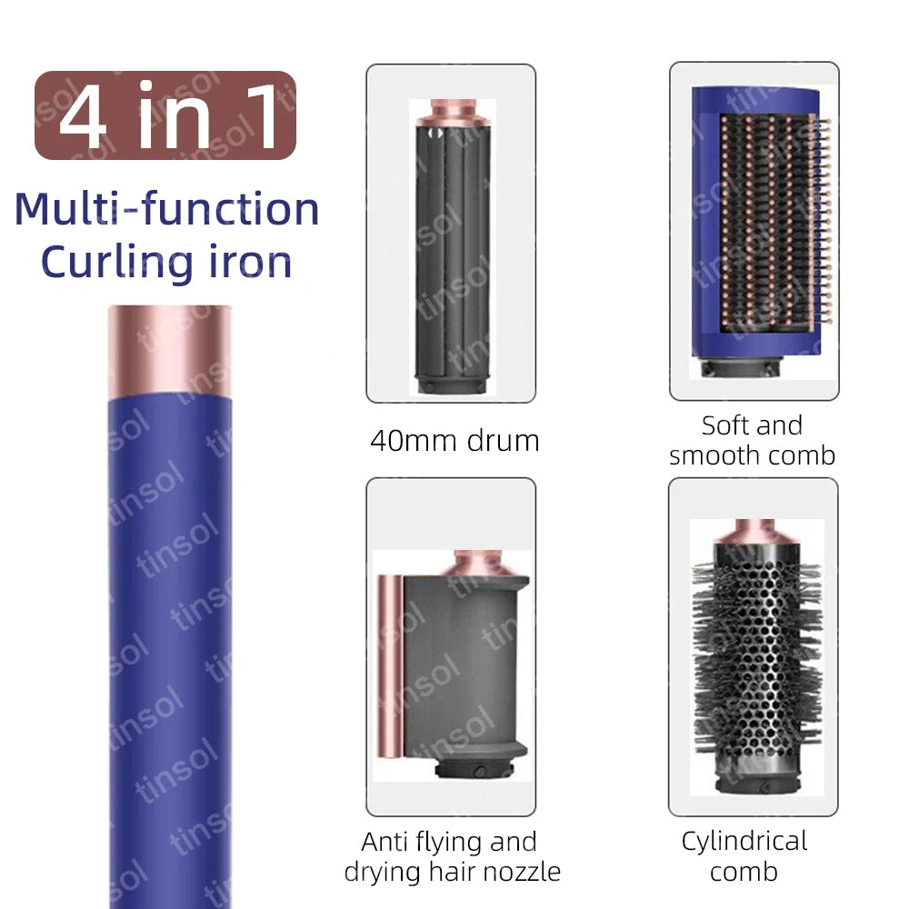 4-in-1 blue and rose gold hair styling set with curling drum, smoothing brush, drying nozzle, and cylindrical comb.