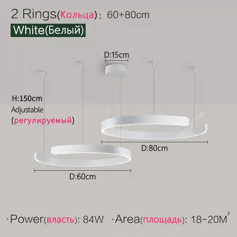 Modern 3-Ring LED Chandelier - Adjustable Dimmable Black Finish 2 Rings White M Tidesmit