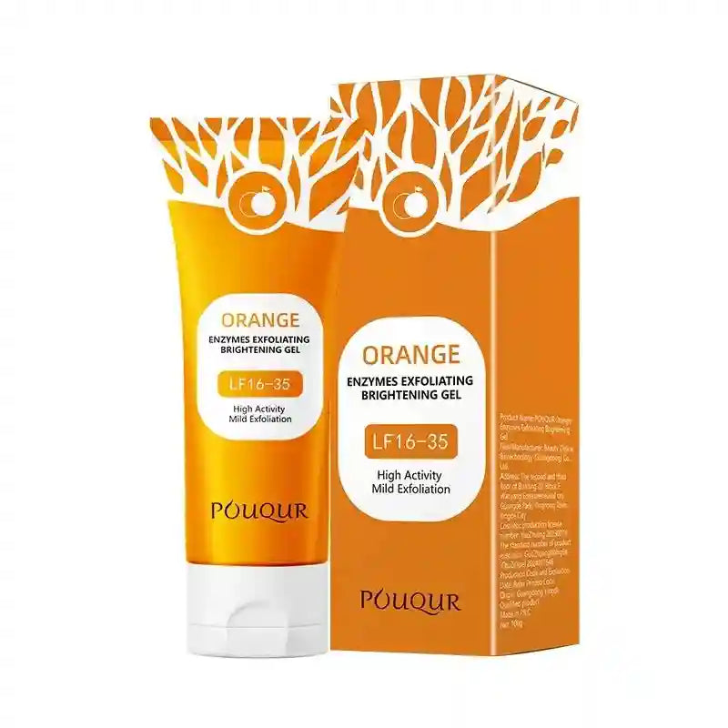 A yellow tube and box of Pouqur Orange Enzymes Exfoliating Brightening Gel with a white cap and leaf logo.
