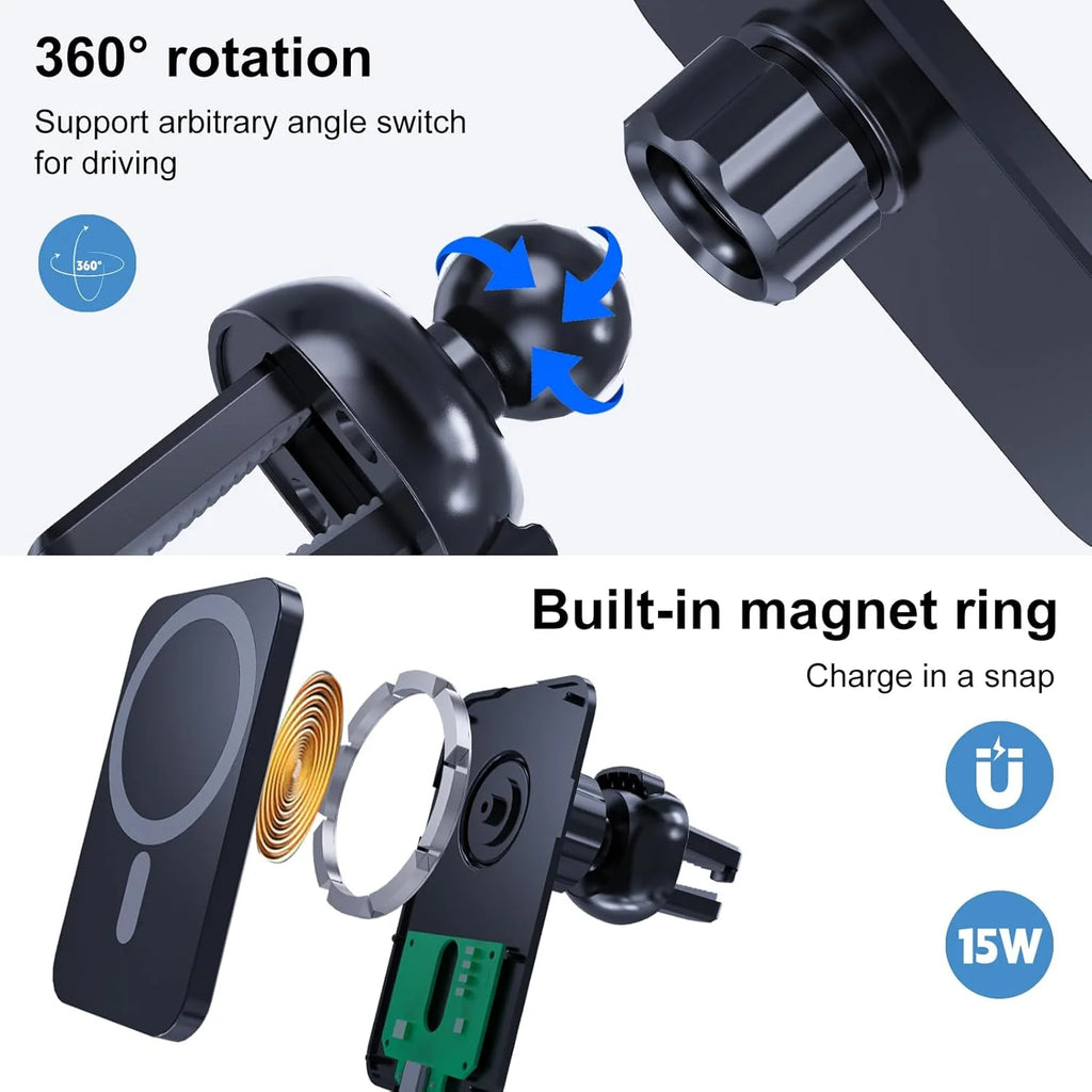 Magnetic Wireless Car Charger for iPhone 12-17 | Qi Certified Fast Charge Tidesmit